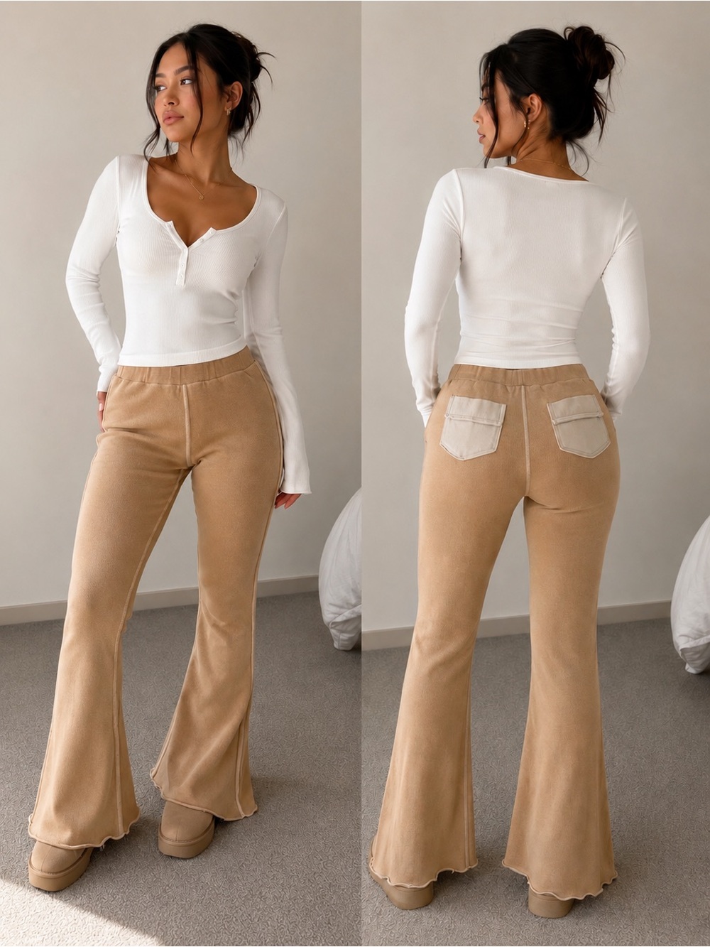 POL Tan Color Flare Pants with Back Patch Pockets